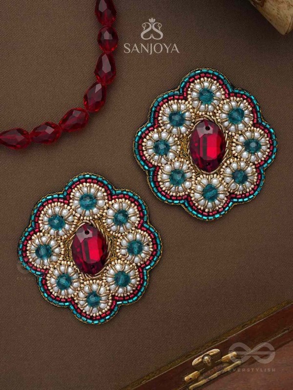 Stibhi - Treasures Of Ruby - Dabka, Stone And Beads Hand Embroidered Earrings