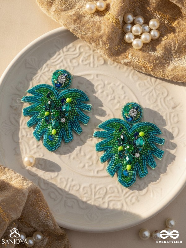 Parnin - The Verdant Leaf - Stones, Sequins And Cutdana Hand Embroidered Earrings