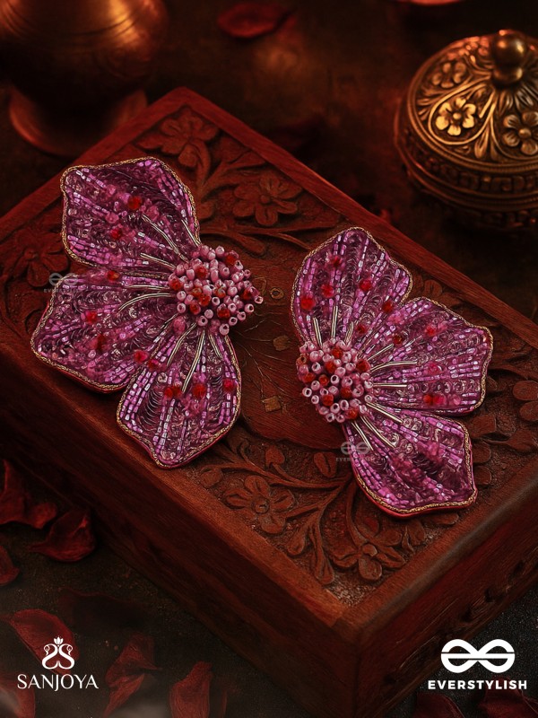 Prasthika- The Crimson Hibiscus- Sequins And Beads Embroidered Stud Earrings