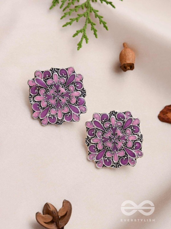 The Floral Fantasy - Oxidised Statement Stud Earrings (Violet & Orchid Purple)