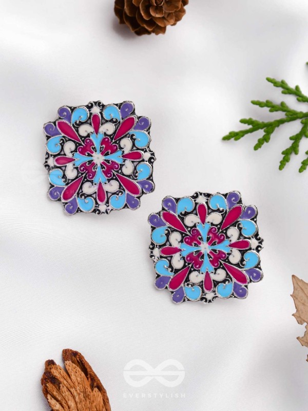 The Floral Fantasy - Oxidised Statement Stud Earrings (Crimson, Violet & Sky Blue)