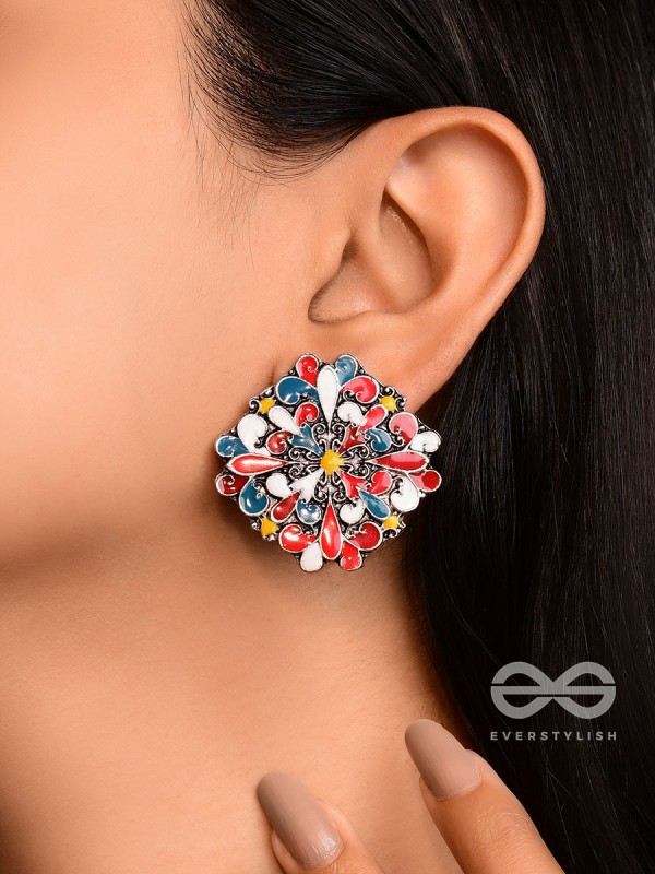 The Floral Fantasy- Oxidised Statement Stud Earrings  (Stone Blue, Crimson & Red Orange)
