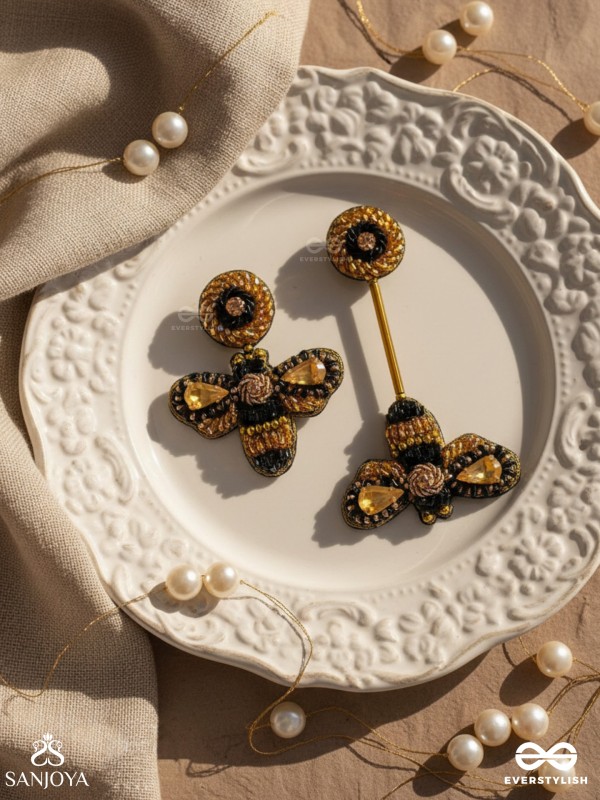 Saaragha - Pair Of Honeybees - Stones, Cutdana And Beads Hand Embroidered Earrings