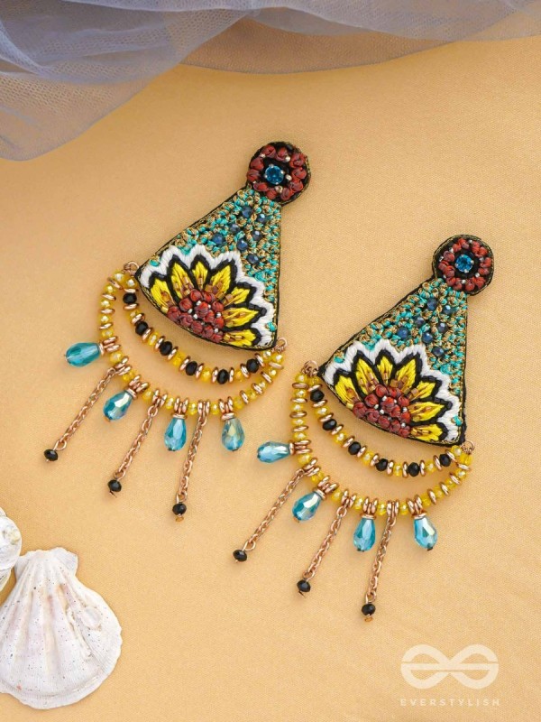 AAKARA - THE GEOMETRIC BLOSSOM- RESHAM, BEADS AND GLASS DROP EMBROIDERED EARRINGS