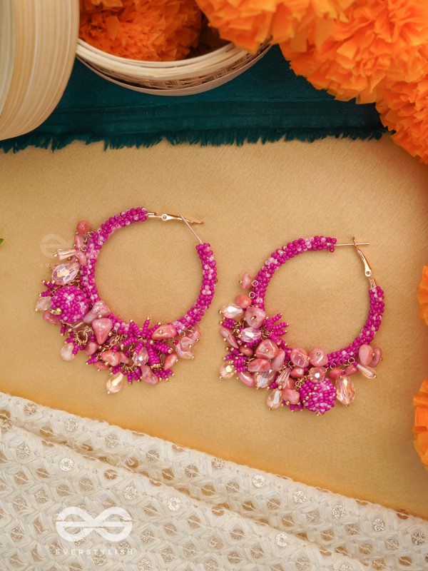 Roshnika - The Pink Spark - Stones, Beads And Glass Drops Hand Embroidered Earrings