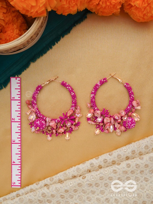 Roshnika - The Pink Spark - Stones, Beads And Glass Drops Hand Embroidered Earrings
