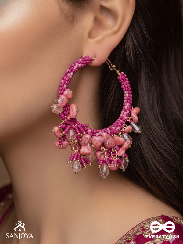 Roshnika - The Pink Spark - Stones, Beads And Glass Drops Hand Embroidered Earrings
