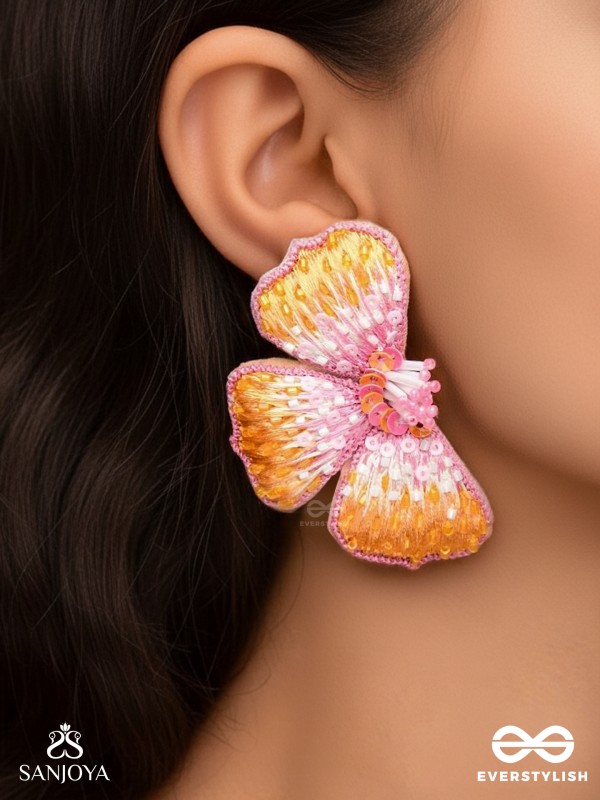 Shobhana - The Shining - Sequins And Resham Hand Embroidered Earrings (Pink & Mustard)