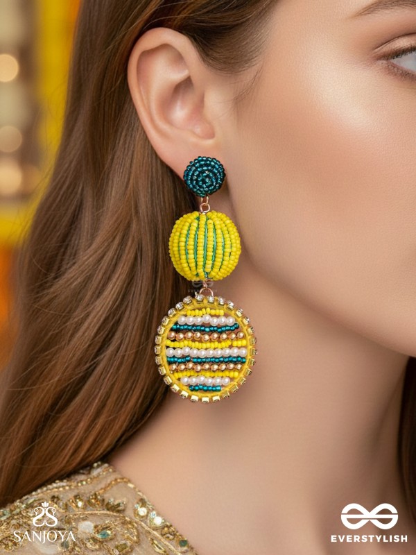 Viroka - Out & Loud - Beads Hand Embroidered Earrings (Yellow & Teal)