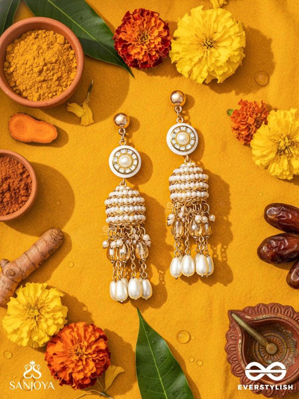 Aindava - The Moonlit Orbits - Stones, Beads And Pearl Drops Hand Embroidered Earrings