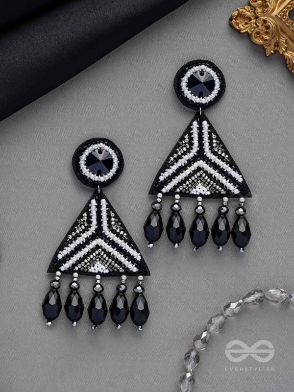 Shwetaka - The Gleaming Night - Stone, Beads And Glass Drops Hand Embroidered Earrings (Black & White)