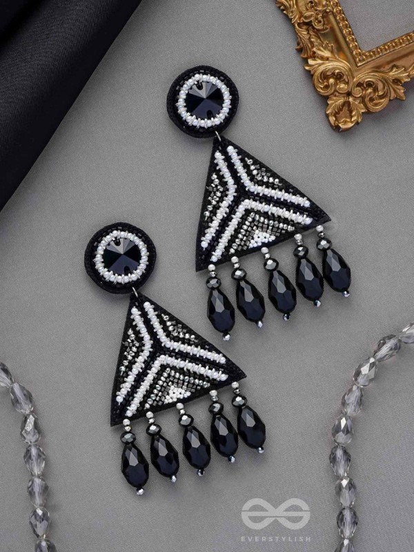 Shwetaka - The Gleaming Night - Stone, Beads And Glass Drops Hand Embroidered Earrings (Black & White)