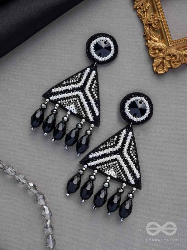 Shwetaka - The Gleaming Night - Stone, Beads And Glass Drops Hand Embroidered Earrings (Black & White)