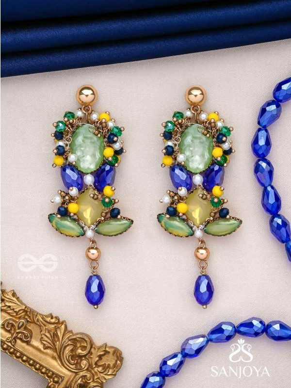 Srotah - The Castle Waves - Stones, Beads And Glass Drops Hand Embroidered Earrings