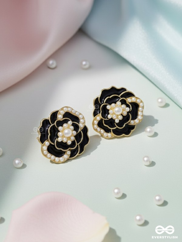 DEW DROPPED PEONIES - GOLDEN ENAMELLED STUDS (BLACK)