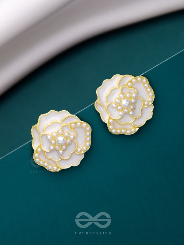 DEW DROPPED PEONIES - GOLDEN ENAMELLED STUDS (WHITE)