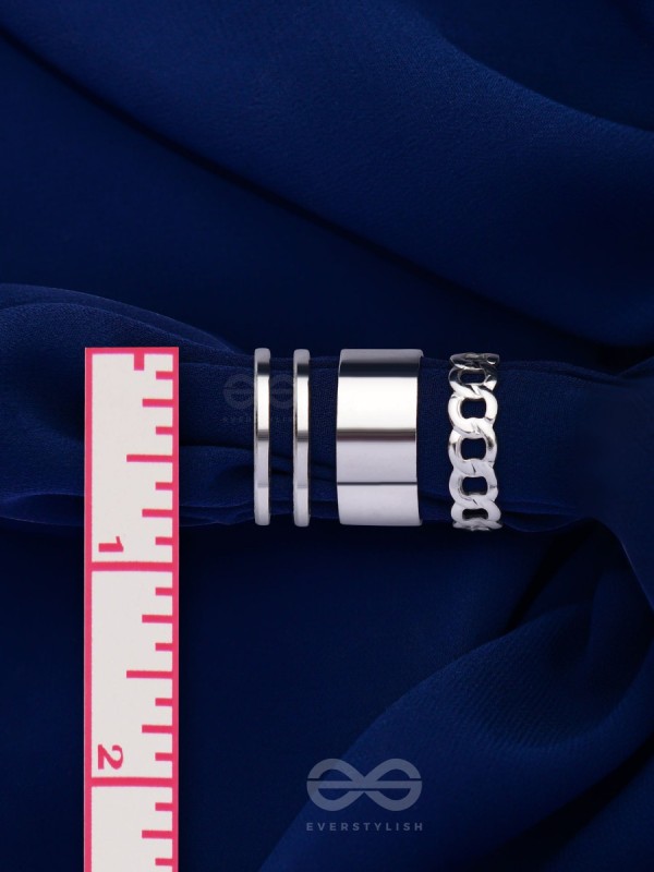 BANDS N CHAINS- SET OF 3 ADJUSTABLE SILVER RINGS