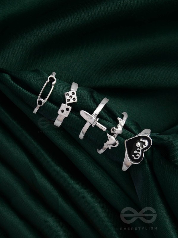 ALL ABOUT LOVE AND WAR - SET OF 5 SILVER RINGS