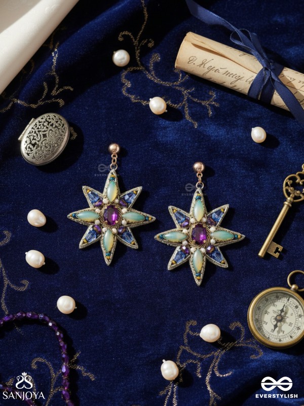 Nakshatrika - The Celestial Sparkle - Stone, Beads And Dabka Hand Embroidered Earrings (Multicolor)