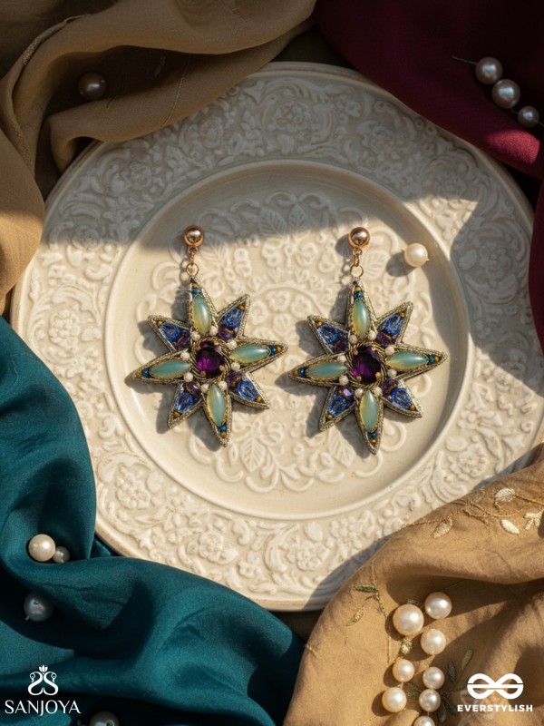 Nakshatrika - The Celestial Sparkle - Stone, Beads And Dabka Hand Embroidered Earrings (Multicolor)