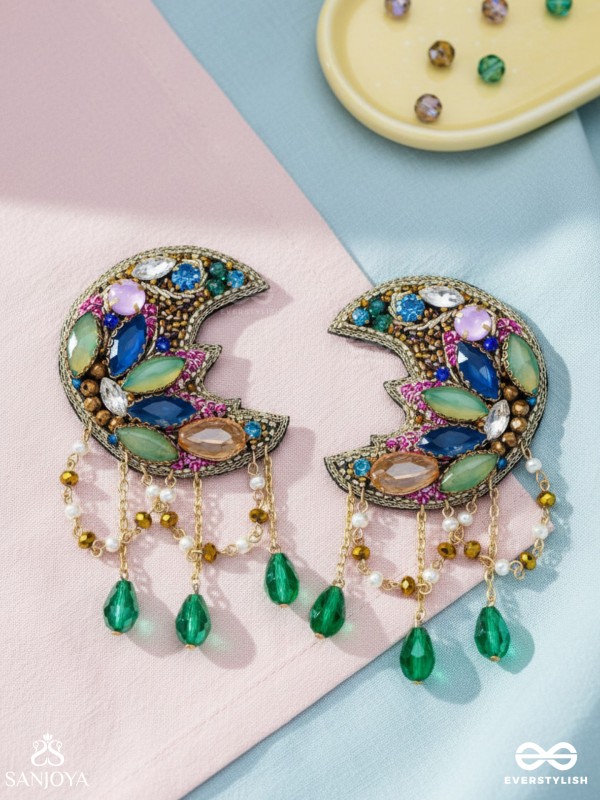 KIRANMAYI - THE MOON RAYS - CUT DANA, GLASS DROP AND STONE EMBROIDERED EARRINGS (MULTICOLOR)