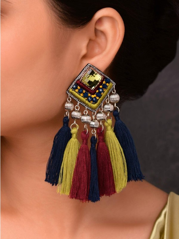 Abhipreta - The Cherished Glow - Stone, Beads And Resham Hand Embroidered Earrings