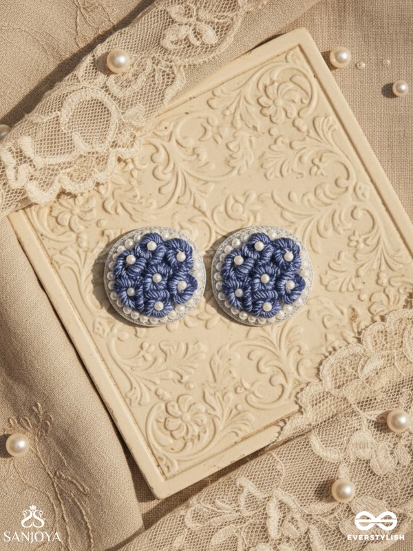 VARALI - THE LUSH MEADOW - PEARL AND THREAD EMBROIDERED EARRINGS (BLUE)