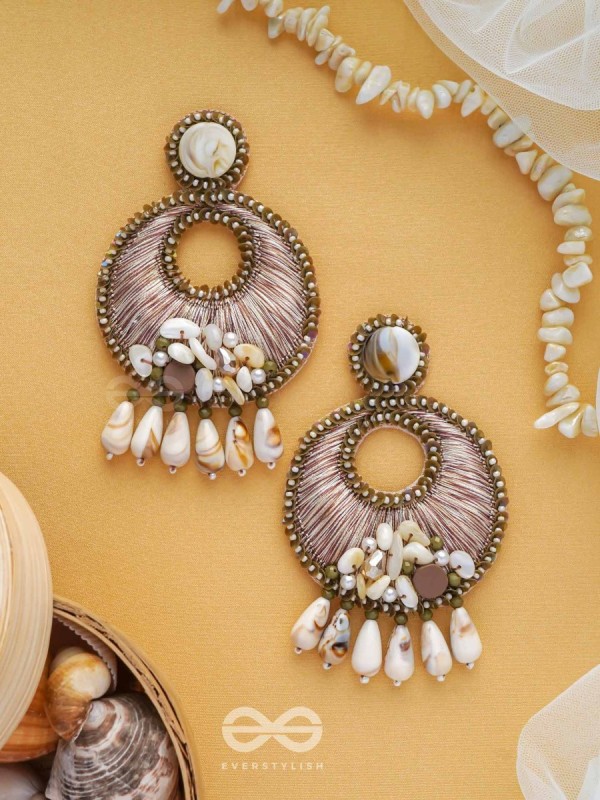 DHARANIKA - THE EARTHY HUES - RESHAM, BEADS & SHELL DROP EMBROIDERED EARRINGS
