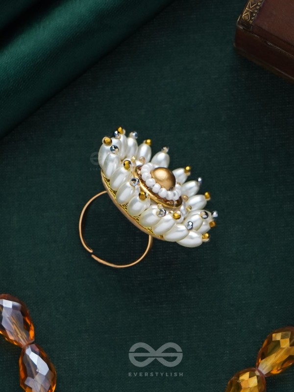 MOTISHOBHINI - THE PEARL RADIANCE - PEARLS AND BEADS EMBROIDERED RING (WHITE & GOLDEN)