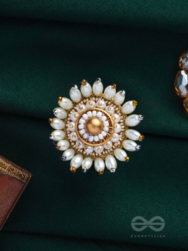MOTISHOBHINI - THE PEARL RADIANCE - PEARLS AND BEADS EMBROIDERED RING (WHITE & GOLDEN)