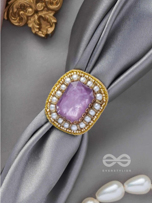 Prakdhipta - Studded With Stone - Stone And Pearls Hand Embroidered Stud Ring (Purple)
