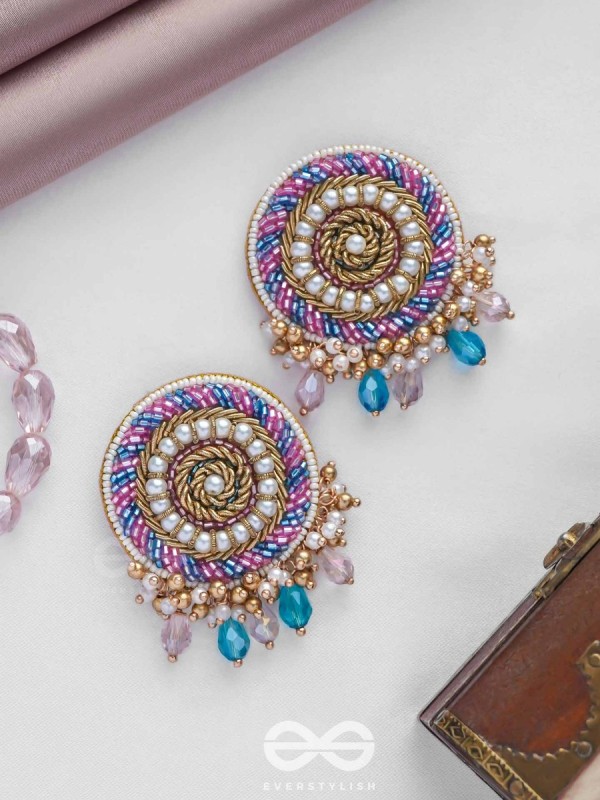 UDYATA- ROUNDABOUT RADIANCE - BEADS, PEARLS AND GLASS DROPS EMBROIDERED EARRINGS (MULTICOLOR)