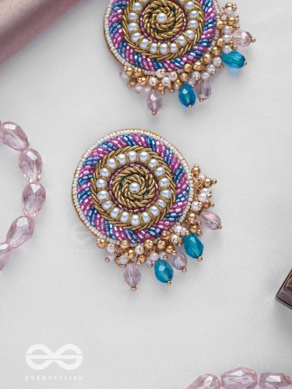 UDYATA- ROUNDABOUT RADIANCE - BEADS, PEARLS AND GLASS DROPS EMBROIDERED EARRINGS (MULTICOLOR)