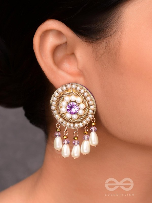 TARUNIKA - A YOUNG BUD - STONE, PEARLS AND BEADS EMBROIDERED EARRINGS (PURPLE & WHITE)