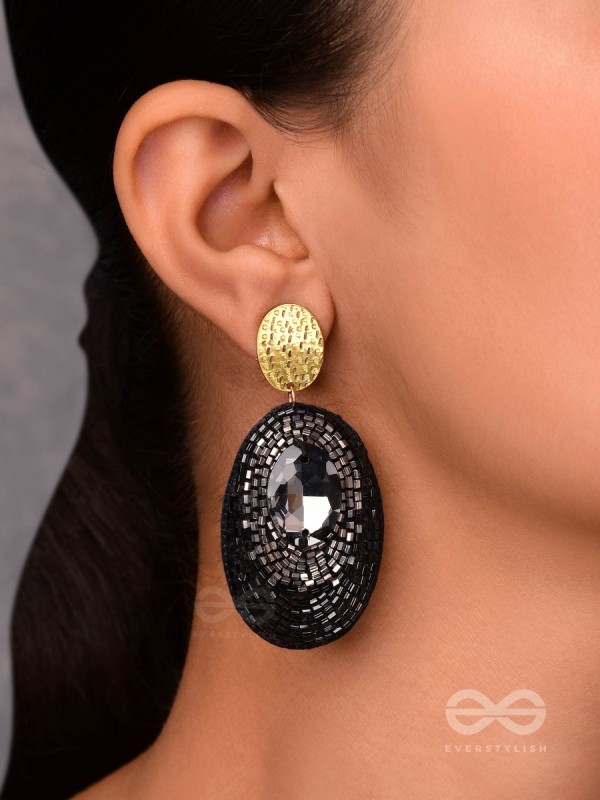 ASHMAK - THE DUSKY STONE - STONE AND CUTDANA EMBROIDERED EARRINGS (BLACK)
