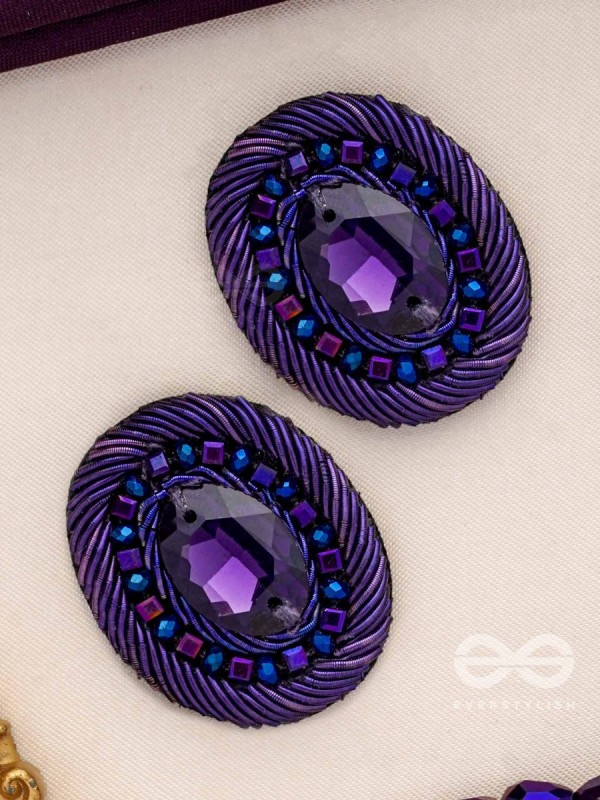 KASHYAPI - THE INDIGO GLOW - STONE AND BEADS EMBROIDERED EARRINGS (PURPLE & ROYAL BLUE)