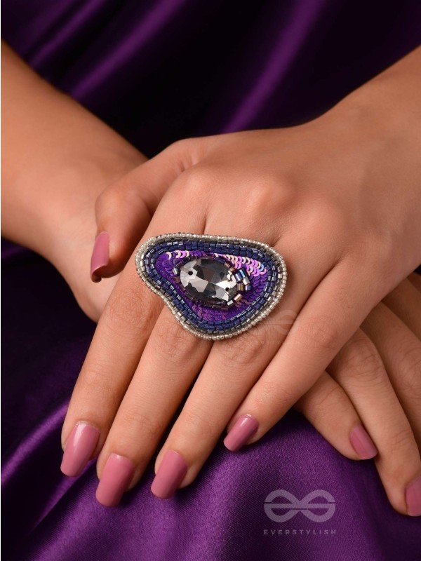 ANAVRITI - THE UNFURLING ELEGANCE - STONE, SEQUINS AND BEADS EMBROIDERED RING (PURPLE)