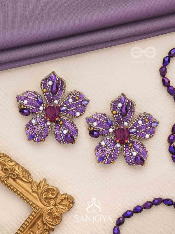 SVABHĀVIKA - THE NATURAL GRACE - STONE, SEQUINS AND PEARLS EMBROIDERED EARRINGS (PURPLE)
