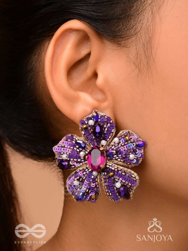 SVABHĀVIKA - THE NATURAL GRACE - STONE, SEQUINS AND PEARLS EMBROIDERED EARRINGS (PURPLE)