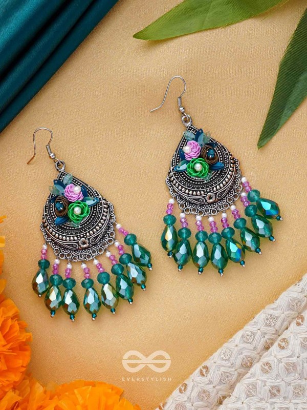 VRINDARANYA - THE LUSH FOREST - SEQUINS, BEADS AND GLASS DROPS EMBROIDERED AND OXIDISED EARRINGS