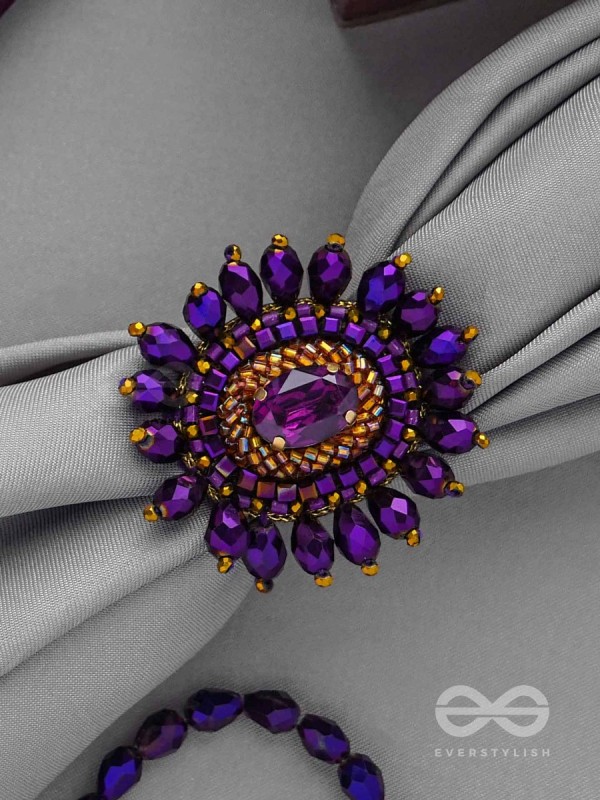 UDYOTINI - TWINKLING RADIANCE - STONE, BEADS AND GLASS DROPS EMBROIDERED RING (PURPLE)