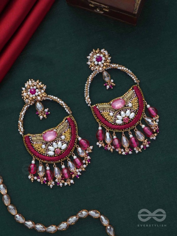 VILAKSANA - UNIQUE SPARKLING MOMENTS - STONE, BEADS, GLASS DROPS AND PEARLS EMBROIDERED EARRINGS (MAGENTA & GOLDEN)