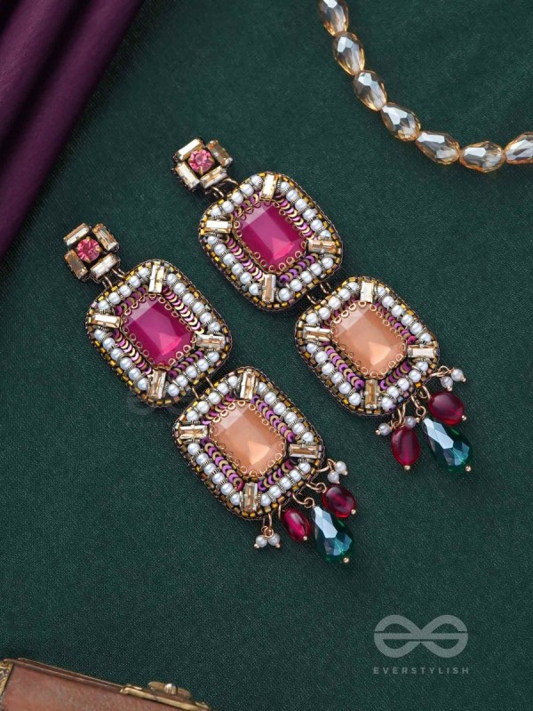 Ananyadharana - The Exclusive Adornment - Stones, Beads And Glass Drops Hand Embroidered Earrings