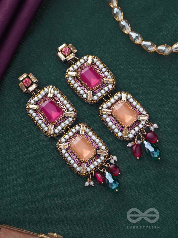 Ananyadharana - The Exclusive Adornment - Stones, Beads And Glass Drops Hand Embroidered Earrings