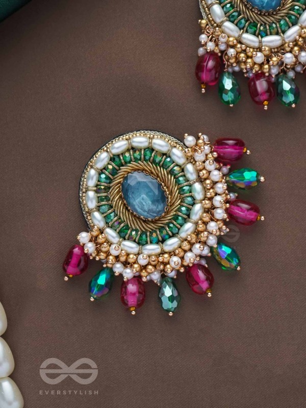 Ritashri - The True Beauty - Stone, Beads And Glass Drops Hand Embroidered Earrings