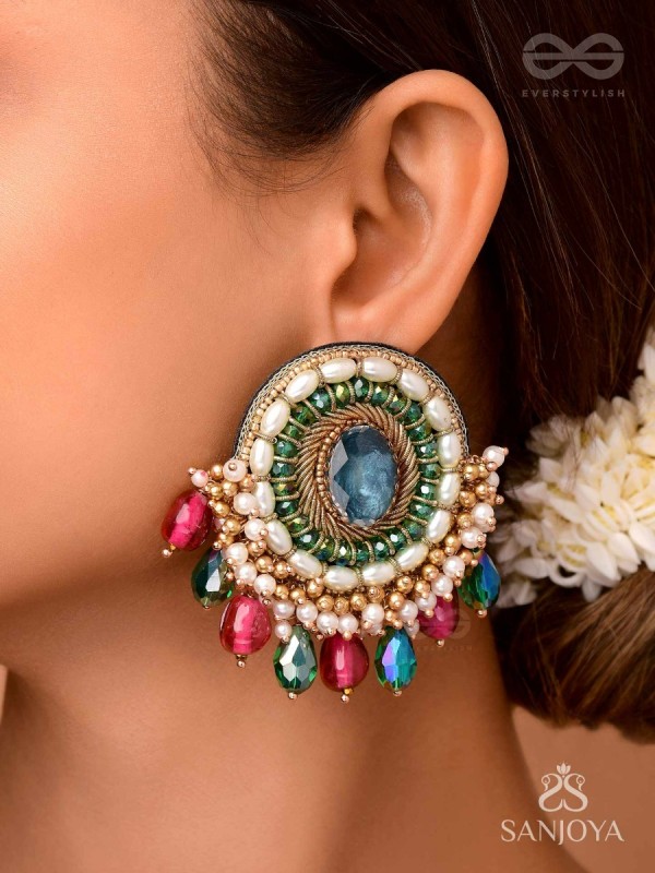 Ritashri - The True Beauty - Stone, Beads And Glass Drops Hand Embroidered Earrings
