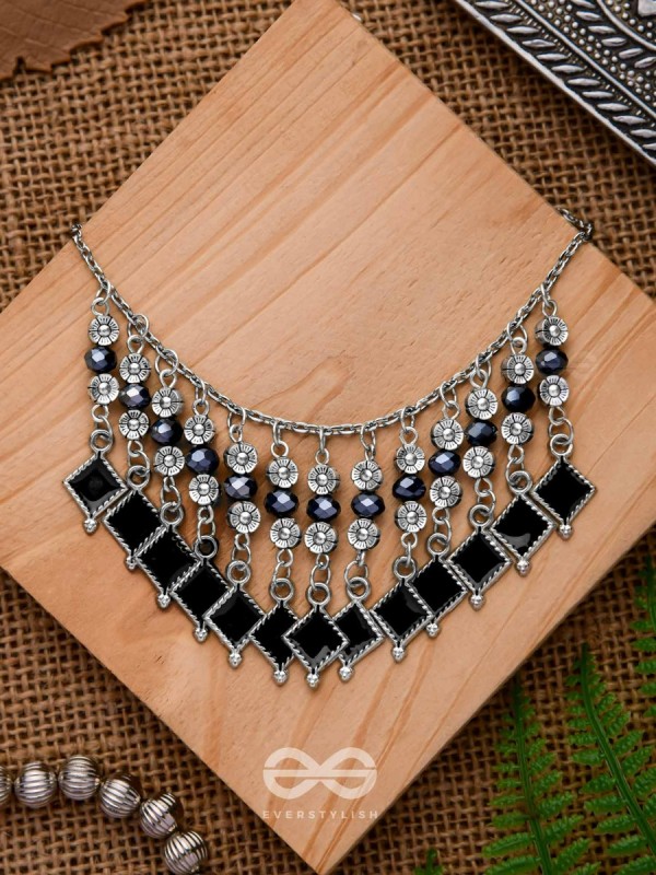 THE MOONLIT BLOOMS- BEADED OXIDISED ENAMELLED NECKLACE