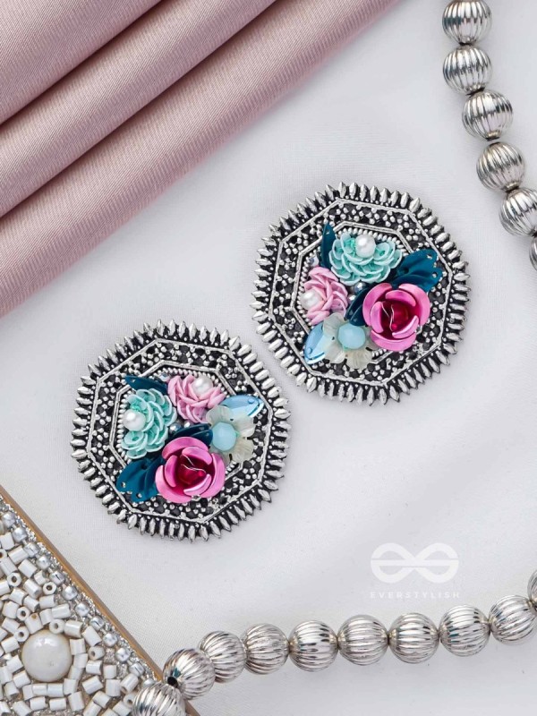 UDYANAKALA - GARDEN OF ART - SEQUINS AND PEARLS EMBROIDERED AND OXIDISED STUD EARRINGS