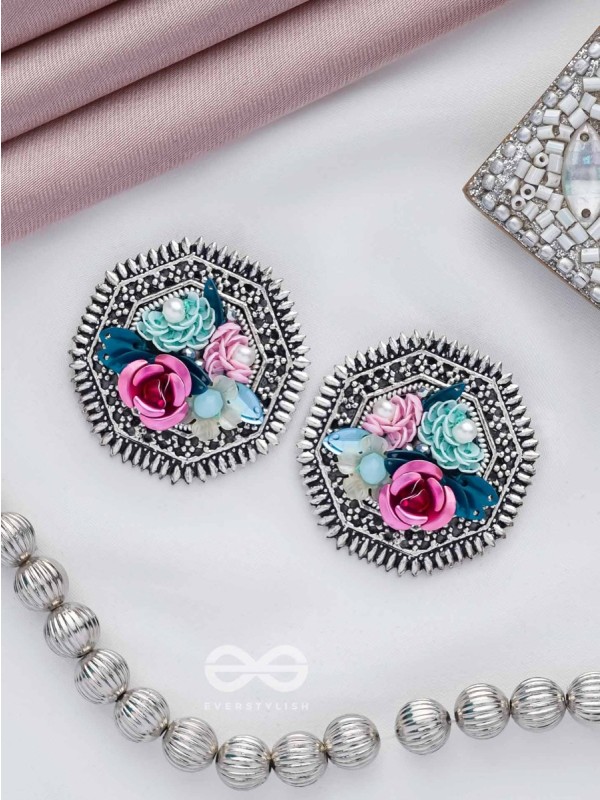 UDYANAKALA - GARDEN OF ART - SEQUINS AND PEARLS EMBROIDERED AND OXIDISED STUD EARRINGS