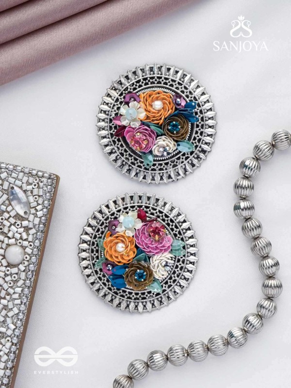 Varnin - The Spring Colors - Sequins, Beads And Stones Hand Embroidered Oxidised Earrings